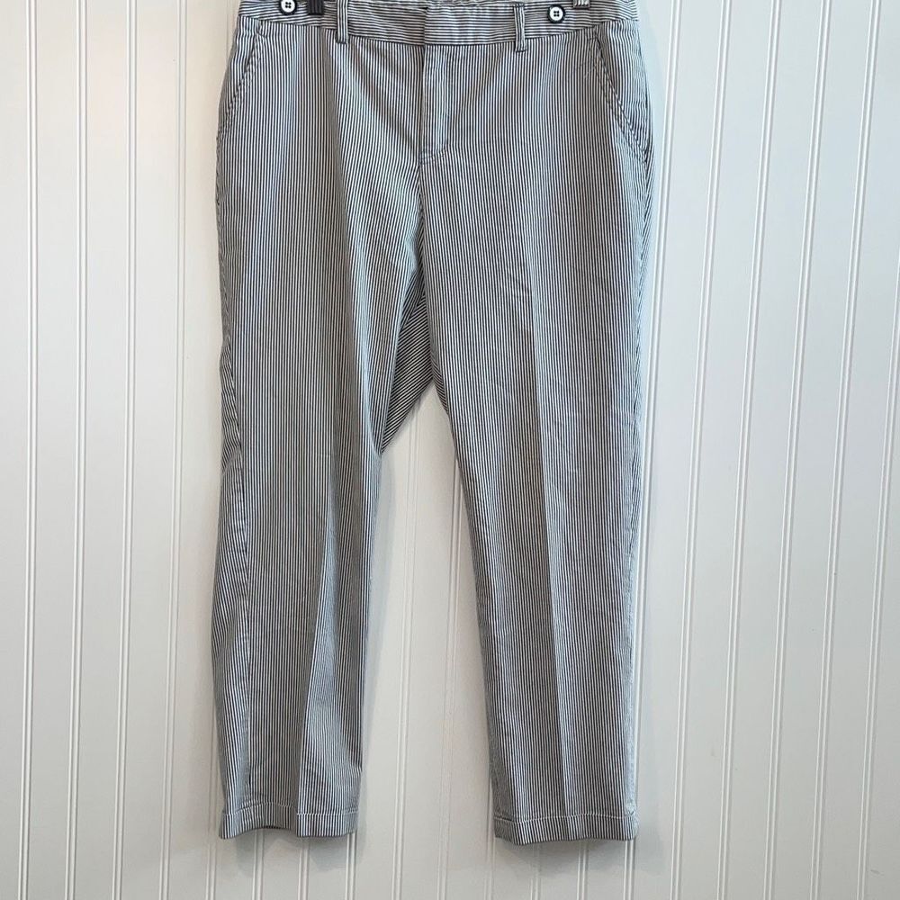 Grace Pin Strip Cropped Pants Womens 8 Blue White Cuffed Ribbed Straight Leg